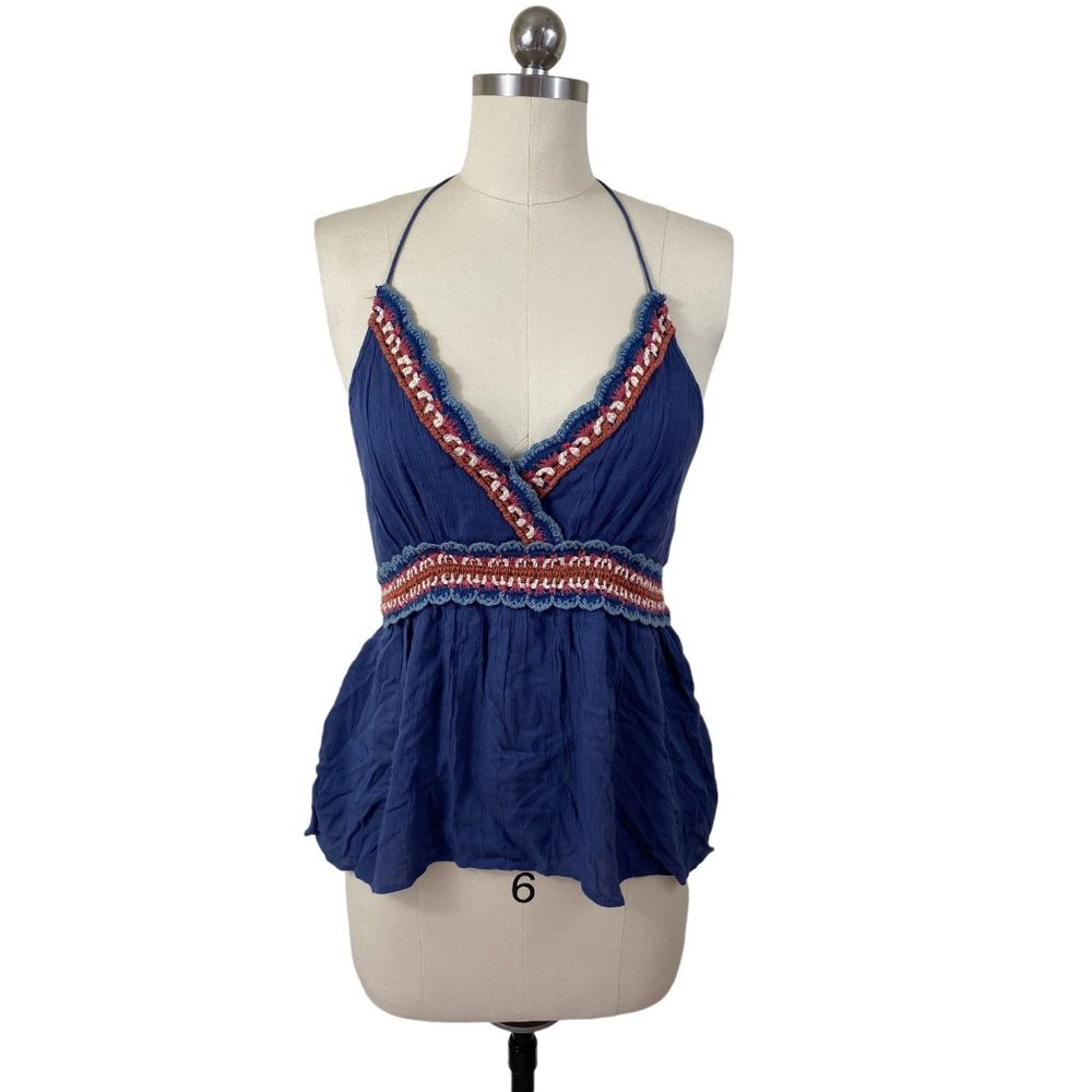 American Eagle Outfitters Womens Halter Top Small NWT Blue Embroidered Boho Fest